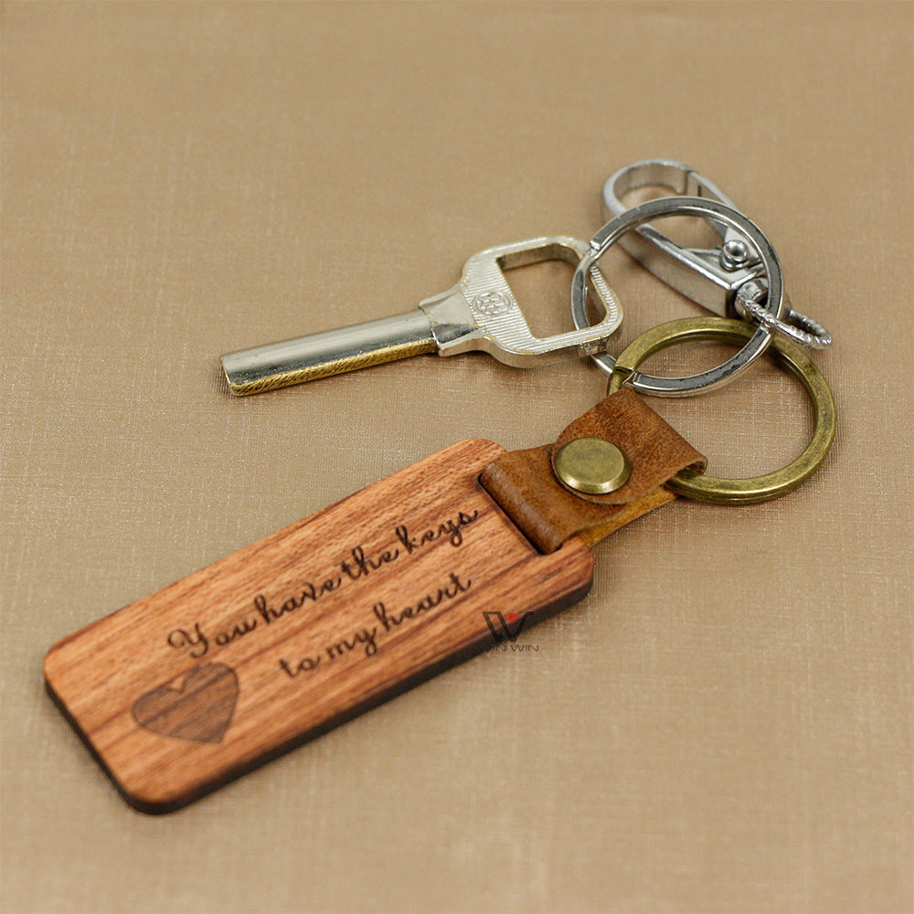 Wholesale Solid Wood PU Leather Wooden Keychains